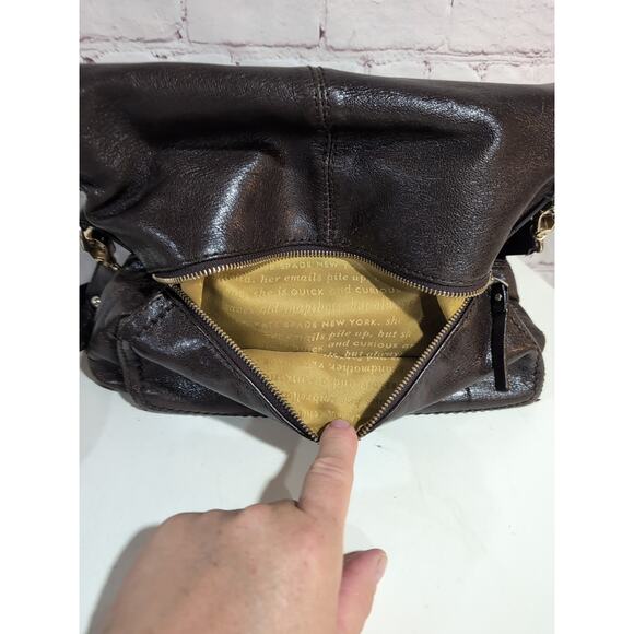 Kate Spade Brown Glossy Leather Shoulder Bag Fold Over Hobo Purse Crossbody - Picture 12 of 15